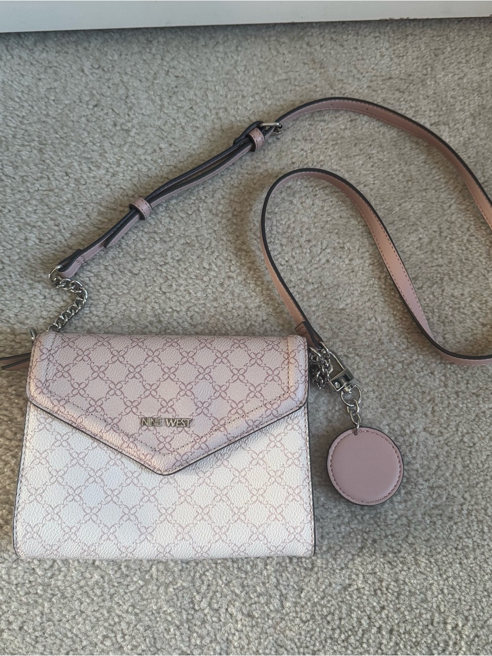 Nine West Zane SLG Small Envelope Crossbody Purse Pink Monogram Logo Bag
